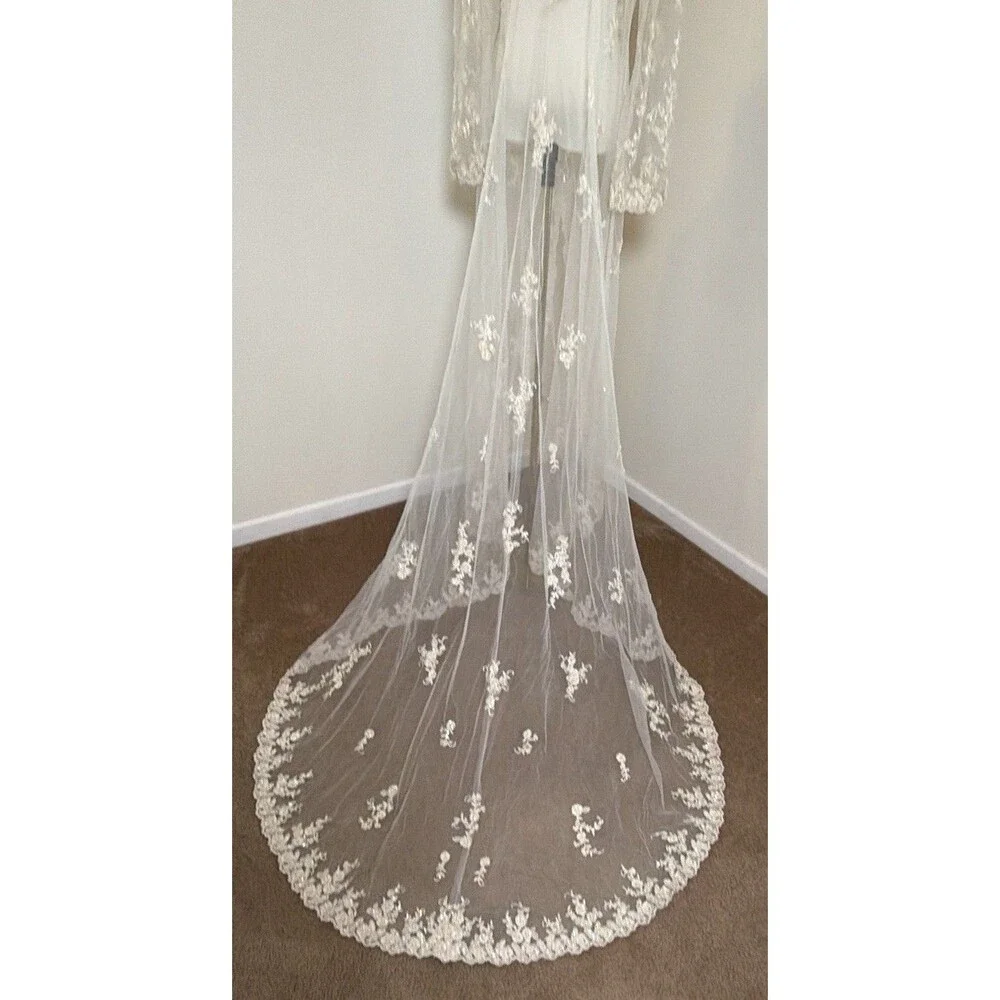 Vintage Ivory Bridal Robe Embroidered Tulle Beaded Pearl Long Train Wedding